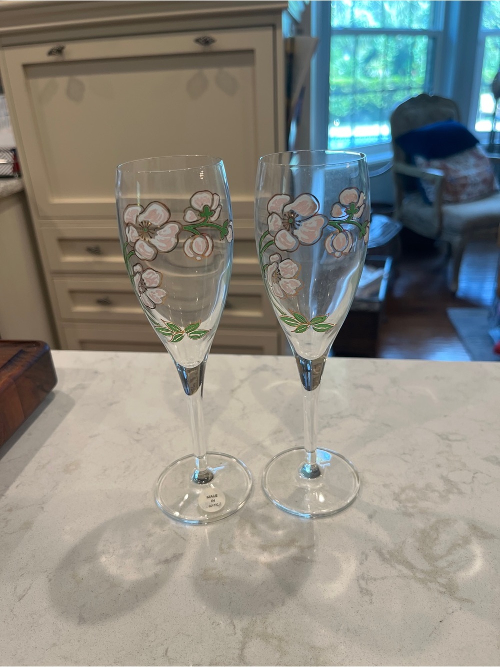 Vintage style handpainted floral Perrier Jouet Belle Epoque Champagne Flutes.